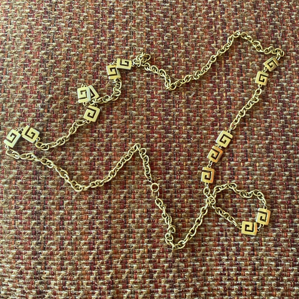 Vintage Crown Trifari Gold-Tone Greek Key Long Necklace chain